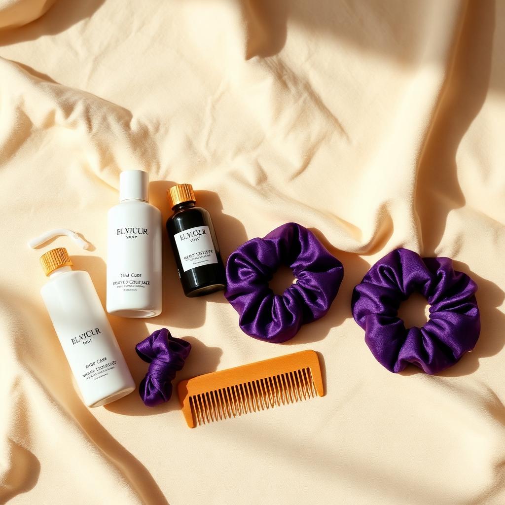 Premium hair care bottles, silk scrunchies, and a comb on cream linen