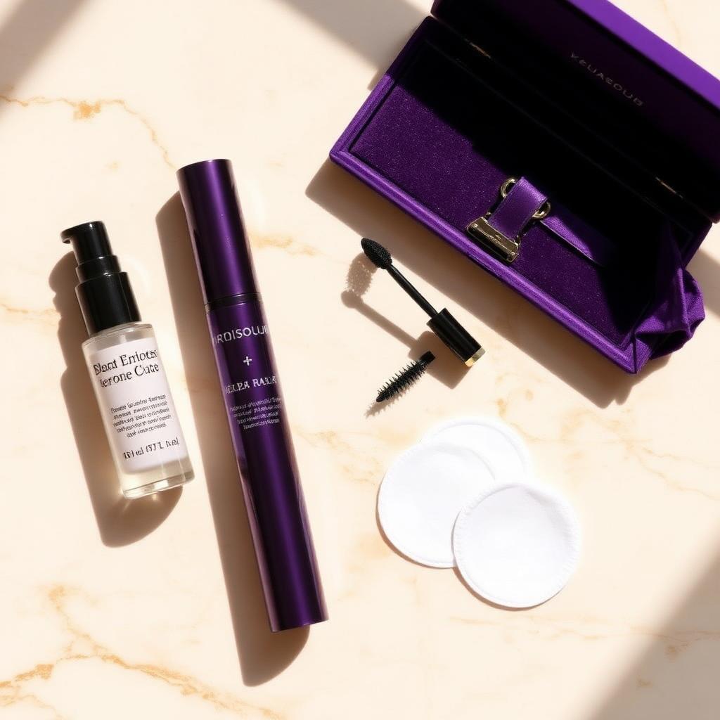 Luxury lash care serums and tools on a cream marble surface