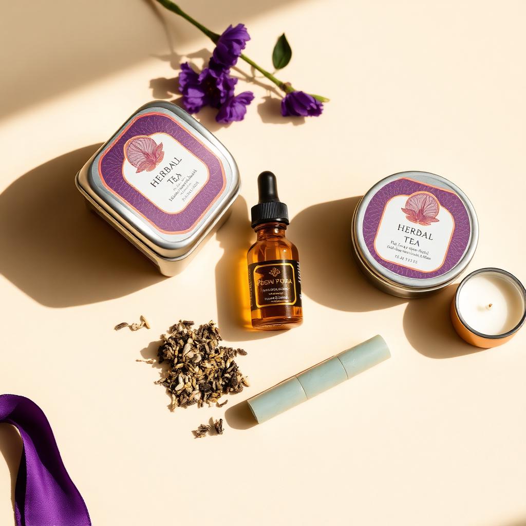 Wellness tea tins, tincture bottle, jade roller, and candle