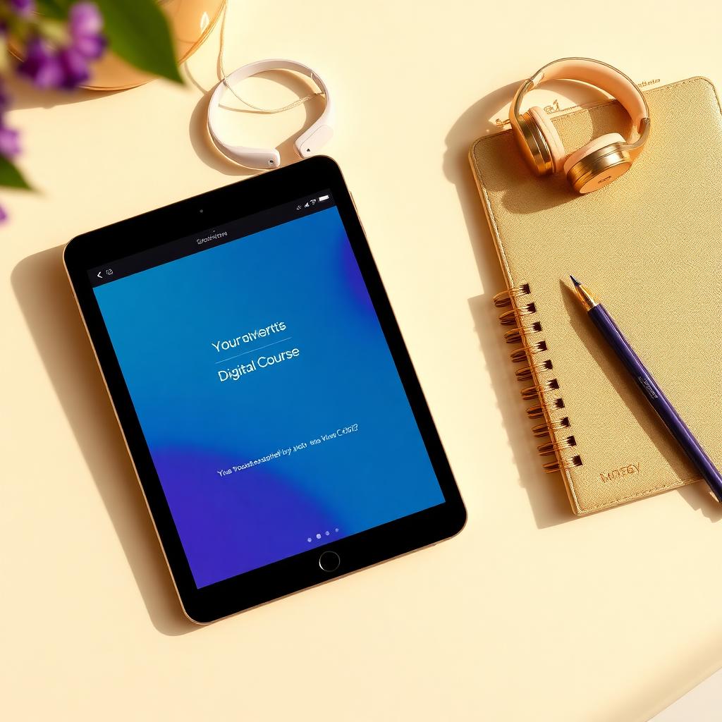 Tablet displaying a digital course alongside a gold notebook and headphones