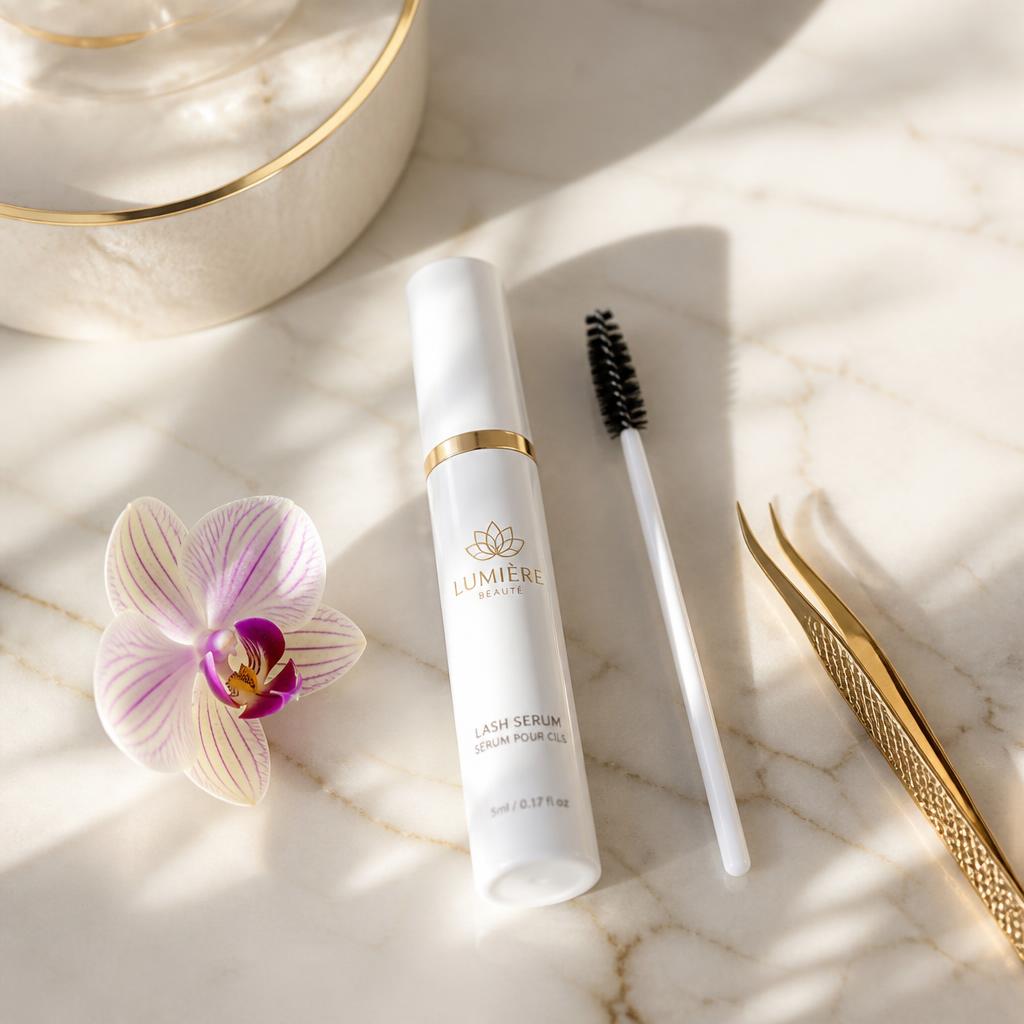 Lash serum, spoolie, and gold tweezers arranged on a cream marble surface