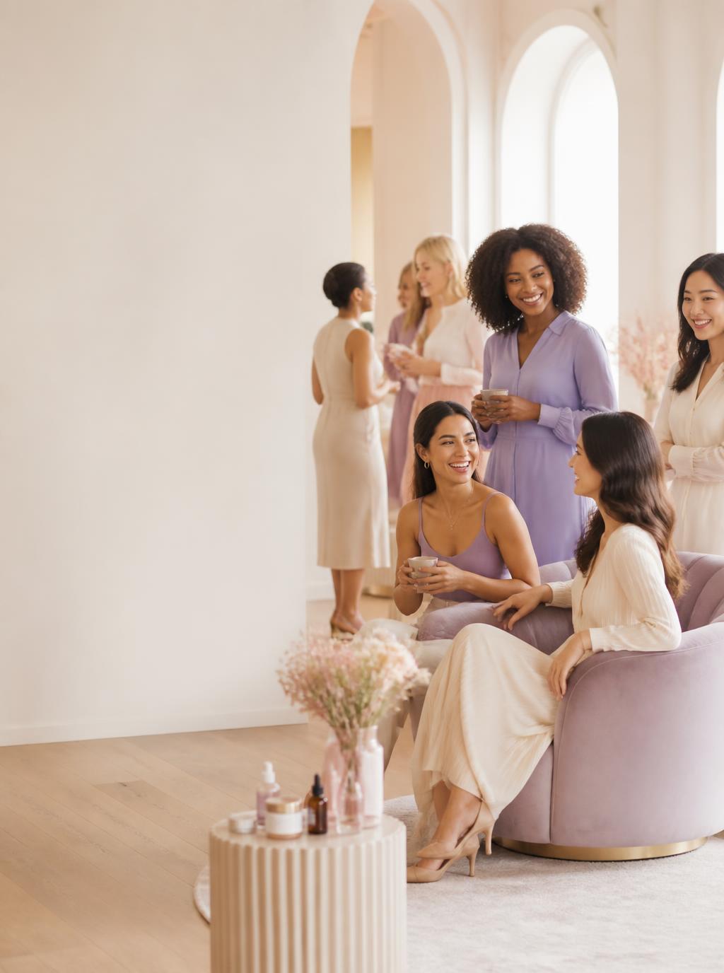 A group of women gathered together in a warm Classic Beauty Studios community moment
