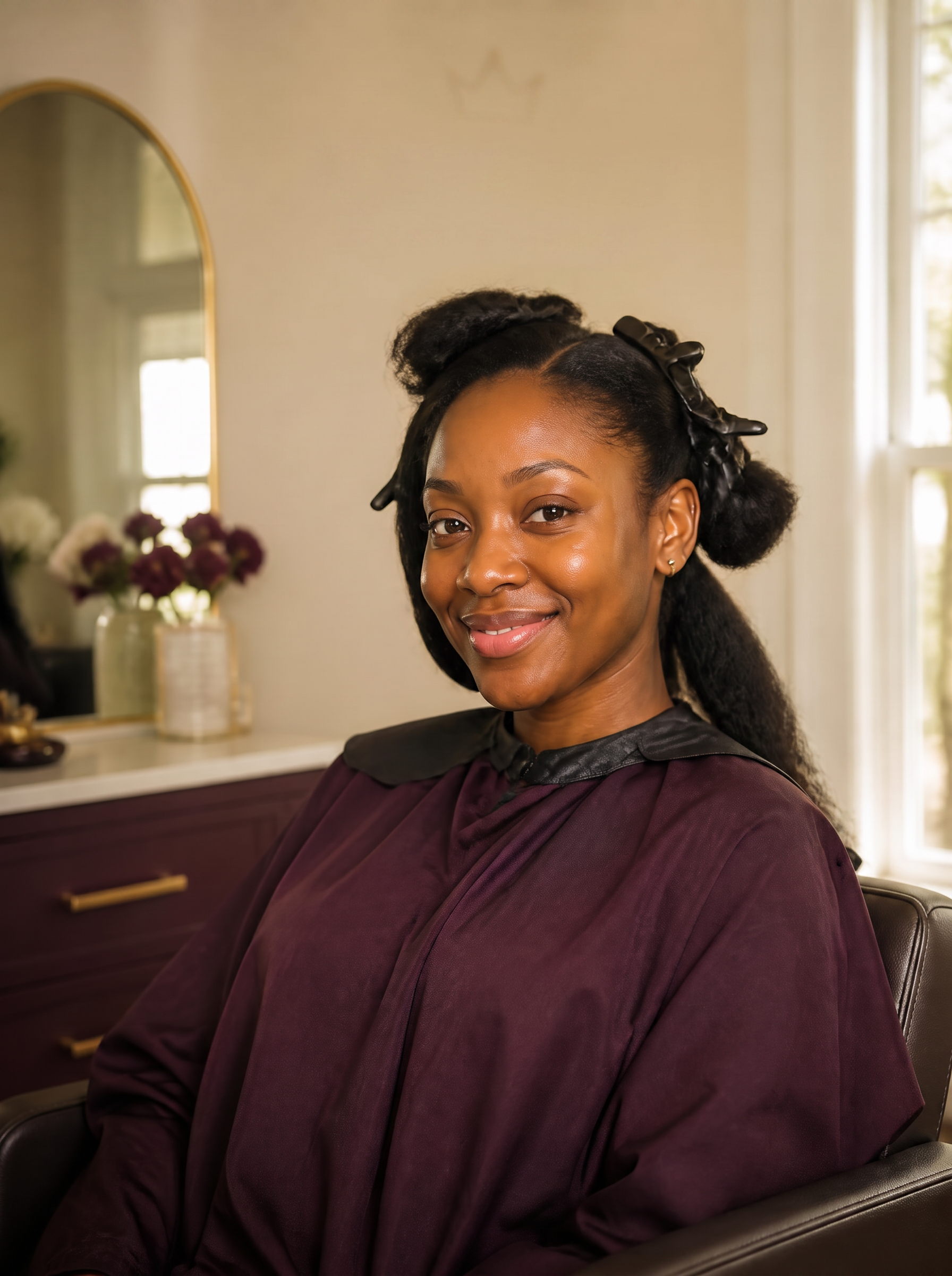 A woman smiling mid-transformation in a Classic Beauty Studios chair