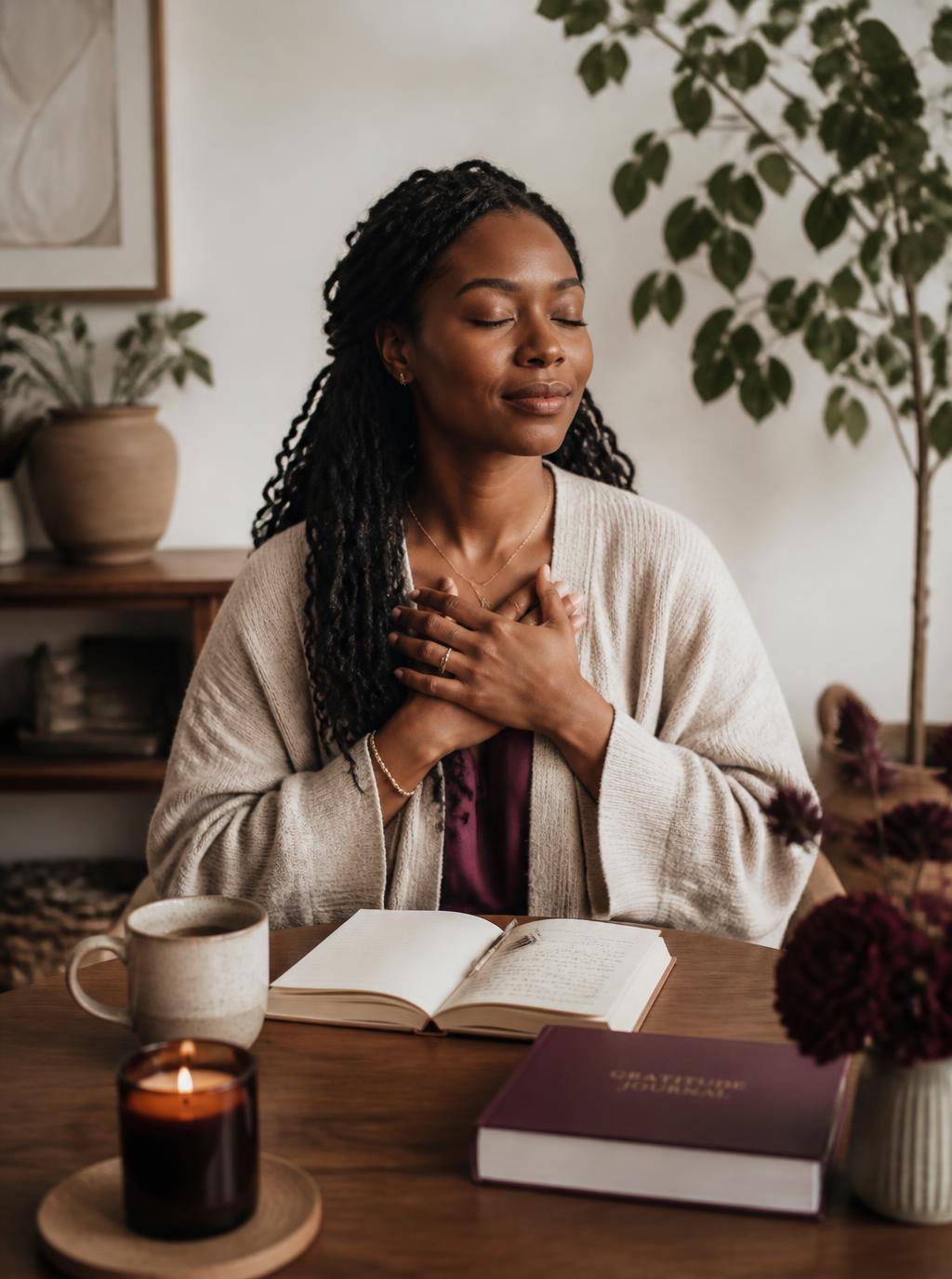 Woman in a calm wellness moment with a journal and tea